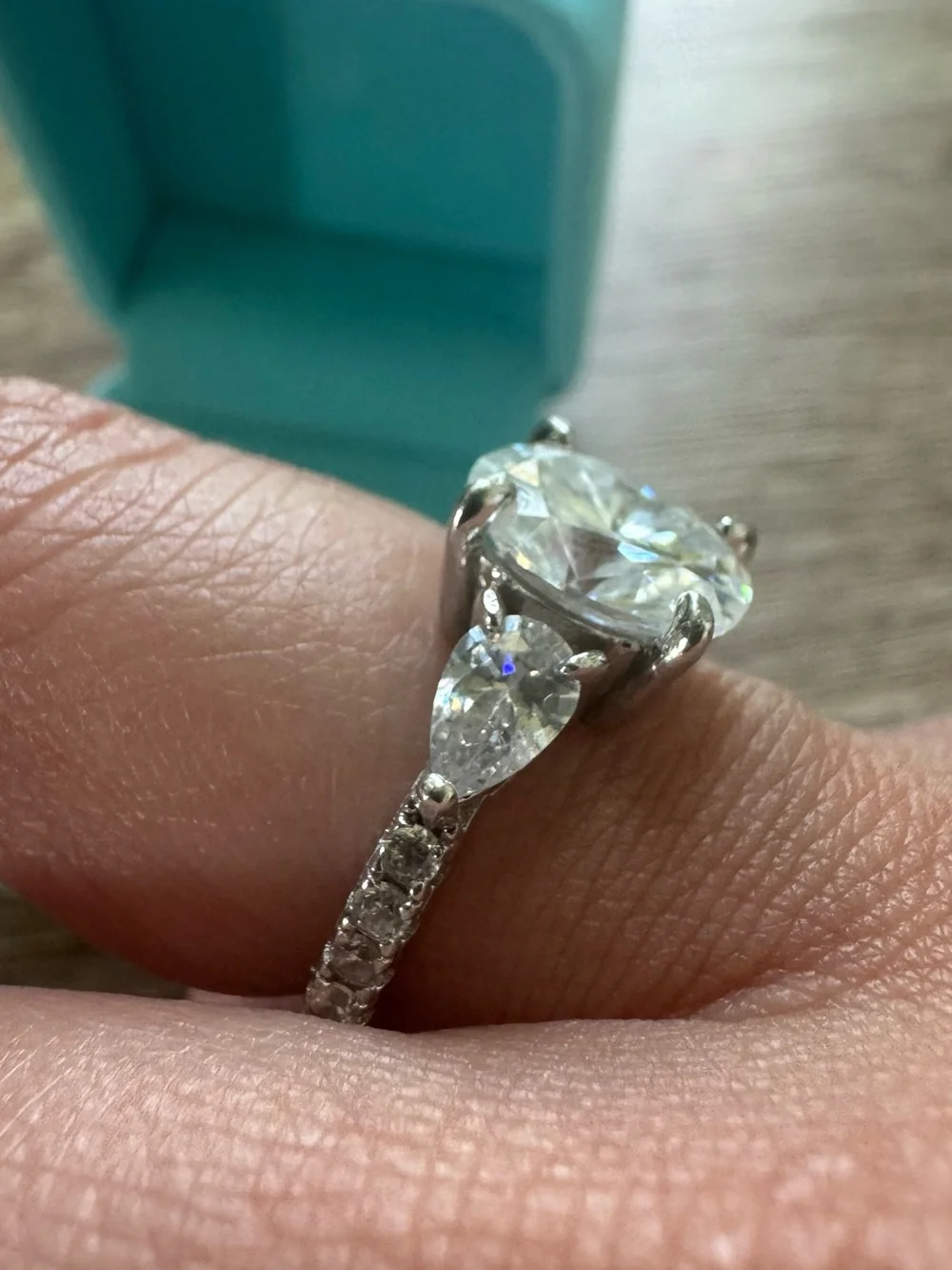 Moissanite 3ct 18K gold Sterling Oval-Cut size 6 Ring Pear Side Stones Pave band